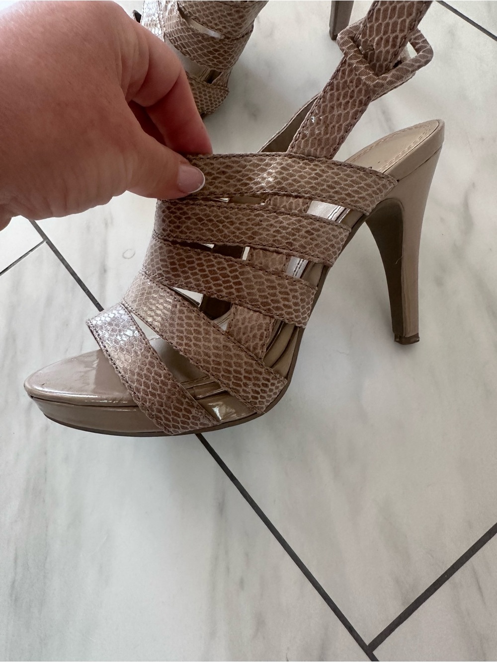 Strappy Taupe High Heel Sandal with Snakeskin Texture